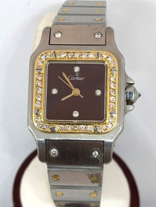 Rare Cartier Santos Galbee Diamond Bezel/crown 18k/st Ladies Watch 24mm Burgundy