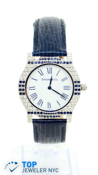 Tiffany & Co.  Watch 18k White Gold W/diamonds And Sapphires &box