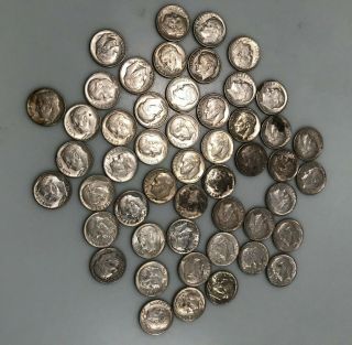 Roll Of 50 1961 To 1964 Roosevelt Dimes - 90 Silver Many Almost Uncirculated