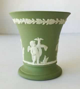 Wedgwood Green Jasper Vase With White Raised Design Stamped 67 Made In England
