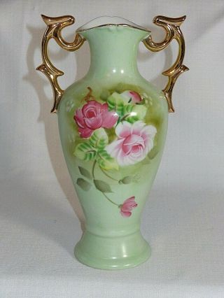 Lovely Lefton China Green Heritage Pink Roses Tall Vase