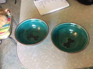 Set Of Two Petrageous Pottery Stoneware Dog Bowls Blue Glazed