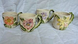 4 Fitz And Floyd Hand Painted Floral Mugs With Raised Detail & Leaf Handles,  Vgc