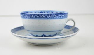 Pretty Rice Grain Porcelain Blue & White Tea Cup And Saucer