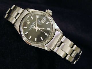 Vintage Rolex Date Ladies Stainless Steel Watch Oyster Bracelet Black Dial 6516