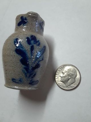 Miniature Rowe Pottery Crock Floral Blue Pitcher 1 3/4 " Tall Dated 1989