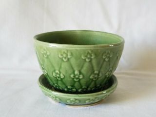 Vintage Shawnee Dark Green Embossed Quilted Planter/flower Pot With Saucer 452