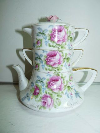Vintage Lefton China Stack Mini Teapot Sugar Creamer Roses Flowers Gold Trim 985