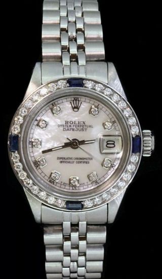 Rolex Ladies Datejust Oyster 14k Gold Stainless Steel Diamond Dial Bezel Watch