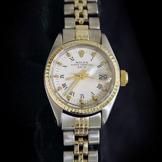 Vintage Rolex Date Lady 2tone 14k Yellow Gold Steel Watch White Roman Dial 6517