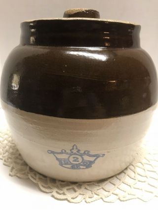 Vintage Stoneware Bean Pot Crock 2 Crown Usa Two Toned W/ Lid
