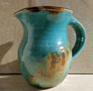 Hand Thrown Stoneware Creamer Syrup Pitcher Country Farm Blue Brown Glazed