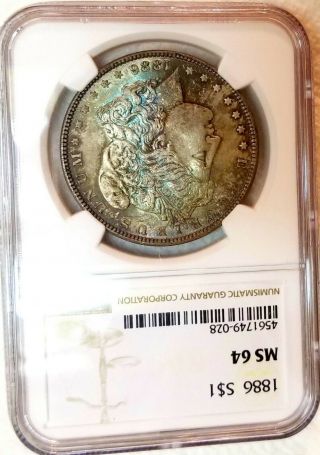 1886 - P NGC MS 64 Morgan Dollar 2 Sided Textile Rainbow Color Toned 3