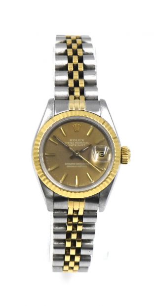 Ladies Rolex Oyster Perpetual Datejust 69173 Wristwatch 18k Gold Ss Box Papers