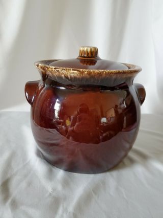 Vintage Hull Pottery Brown Drip Bean Pot Crock Oven Proof Made In Usa With Lid