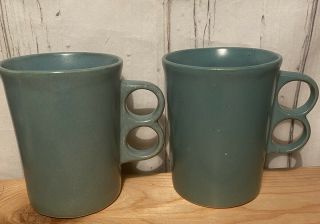 Vintage Set Of 2 Bennington Potters Vermont 1340 Teal Blue Trigger Mugs/cups