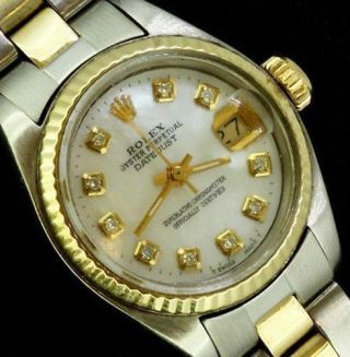 Rolex Ladies Datejust Oyster Stainless Gold Diamond Dial Watch