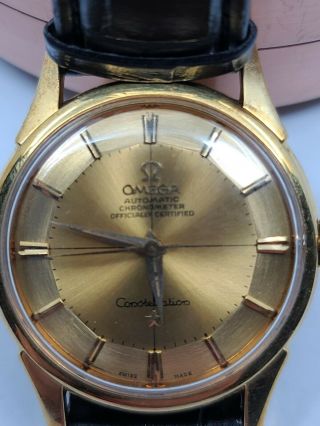 Solid 18k Gold Omega Constellation Pie Pan Dial With Lizard Band.  New? Nr Read