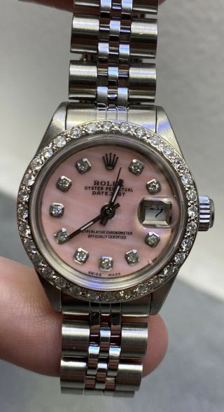 Ladies Rolex Datejust Pink Diamond Dial 18k White Gold Steel Watch Non Quick