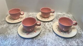 Vintage Mid Century Modern Vernon Ware Metlox Tickled Pink Four Cups Saucers