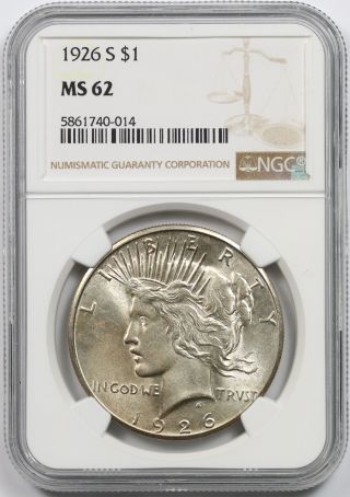 1926 - S Peace Dollar Silver $1 Ms 62 Ngc