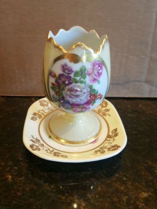 Vtg Limoges France Porcelain Floral Gold Rim Open Egg Cup & Saucer