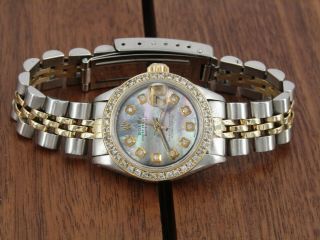 Ladies Rolex Oyster Perpetual Datejust Mop Diamond Dial 14k Gold & Ss Watch