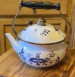 Vintage Blue Danube Teapot Tea Kettle Pot Blue Onion Pattern Wood Handle