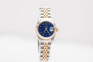 Estate $7000 Factory Blue Ladies Datejust 18k Gold Ss Qs Watch Minty & Wty Box