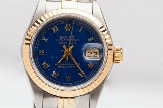 Estate $7000 FACTORY BLUE Ladies Datejust 18k Gold SS QS Watch MINTY & WTY BOX 2