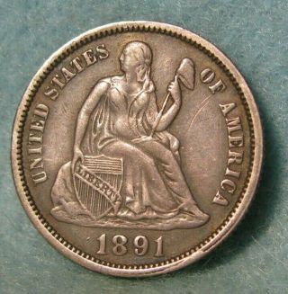 1891 Seated Liberty Silver Dime United States Type Coin