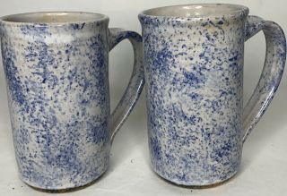 Bybee Pottery Tall Coffee Mugs 2 Piece Set White With Blue Sponge Cup Tl