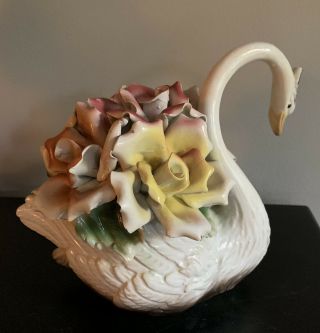 Capodimonte Vintage Large Swan W/ Roses Sculpture Porcelain Italy