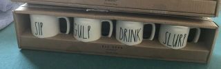Rae Dunn Espresso Cups Mini Mugs Sip,  Gulp,  Drink & Slurp Boxed Gift Set Of 4