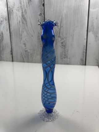 Vintage Blue White Hand Blown Glass Vase W/ruffled Top Clear Base Cut Design