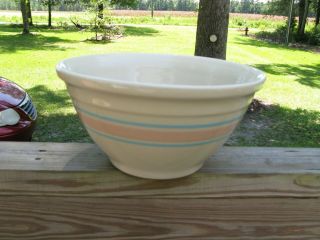 Vintage Mccoy Pottery Bowl 10 " Cream W/pink And Blue Stripes Ovenware