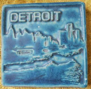 Pewabic Pottery Tile Blue Detroit Skyline 2006 4x4