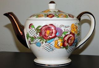 Antique Sadler England Rose Garden Teapot With Copper Lustre Accents