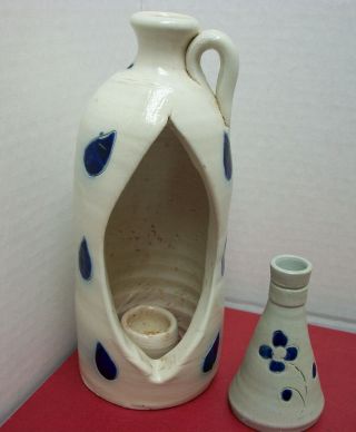 Williamsburg Pottery Salt Glazed Jug Candle Holder & Ink Well / Vase Cobalt Trim