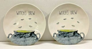 Rae Dunn Halloween 2 Witch’s Brew Bats Cauldron Ceramic 11 " Dinner Plates