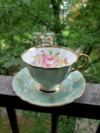 Elegant Paragon Teacup And Saucer Paragon Cabbage Rose Green And Gold