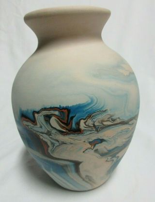 Nemadji Indian River Pottery Vase Blue Swirl 8 " Tall