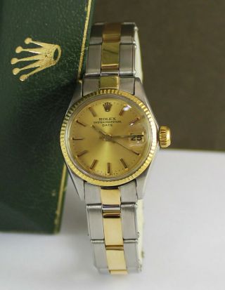 Ladies Rolex Oyster Perpetual Date Yellow Gold & Steel Watch Ref.  6517.  W/ Box