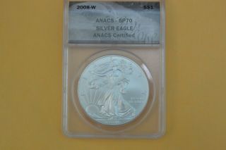 2008 - W 1oz $1 (burnished) Silver American Eagle Coin Anacs Sp70