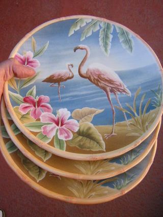 The Cellar Set - Of - 3 X 9 1/4 " Pink Flamingos And Flowers Accent Salad Plates 2004