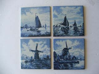 4 Collector Delft Tiles,  Dutch Windmills,  Ships,  Blue And White