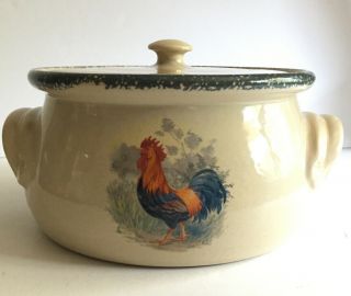 Pottery Bean Pot W/ Lid Home & Garden Party 2 Quart,  Rooster 1991 Usa