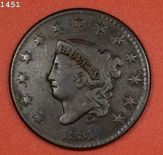1831 " Medium Letters " Coronet Head Large Cent " Vf " S/h After 1st Item