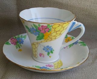 Royal Grafton Pretty Floral Tea Cup And Saucer Art Deco Handle
