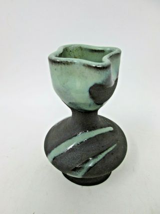 Clay Art Studio Pottery Green Glazed On Black Stoneware Bud Vase Signed